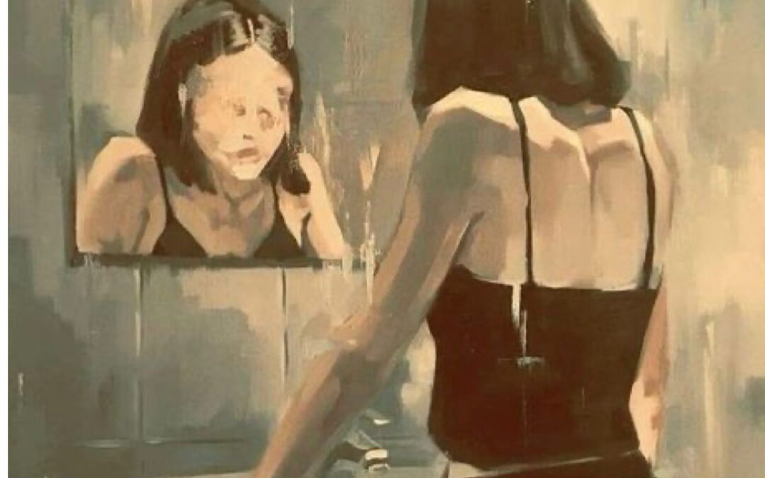 Ilustración de una mujer mirándose al espejo, como emoción tristeza, simboliza el desgaste emocional del abuso