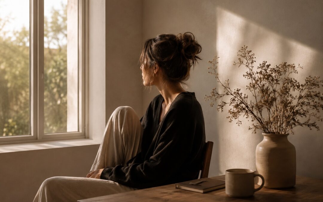 Mujer sentada junto a una ventana como metáfora de identidad, límites emocionales y relaciones sanas
