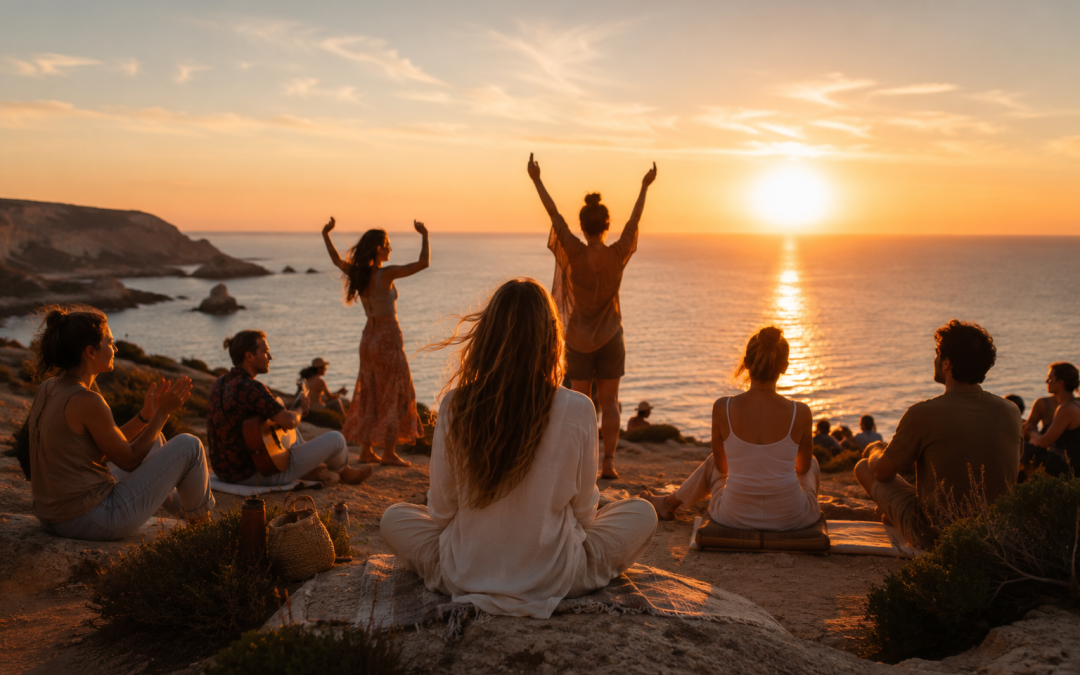 Personas disfrutando de un atardecer junto al mar como símbolo de desconexión consciente, bienestar emocional y conexión real.